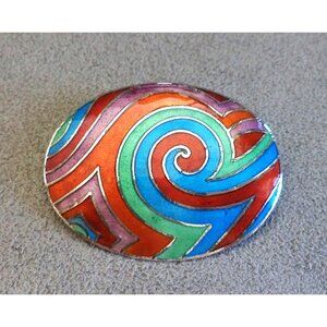 Vtg Wild RAINBOW Spiral ENAMEL +STERLING Silver BROOCH is PENDANT Blue Green Red